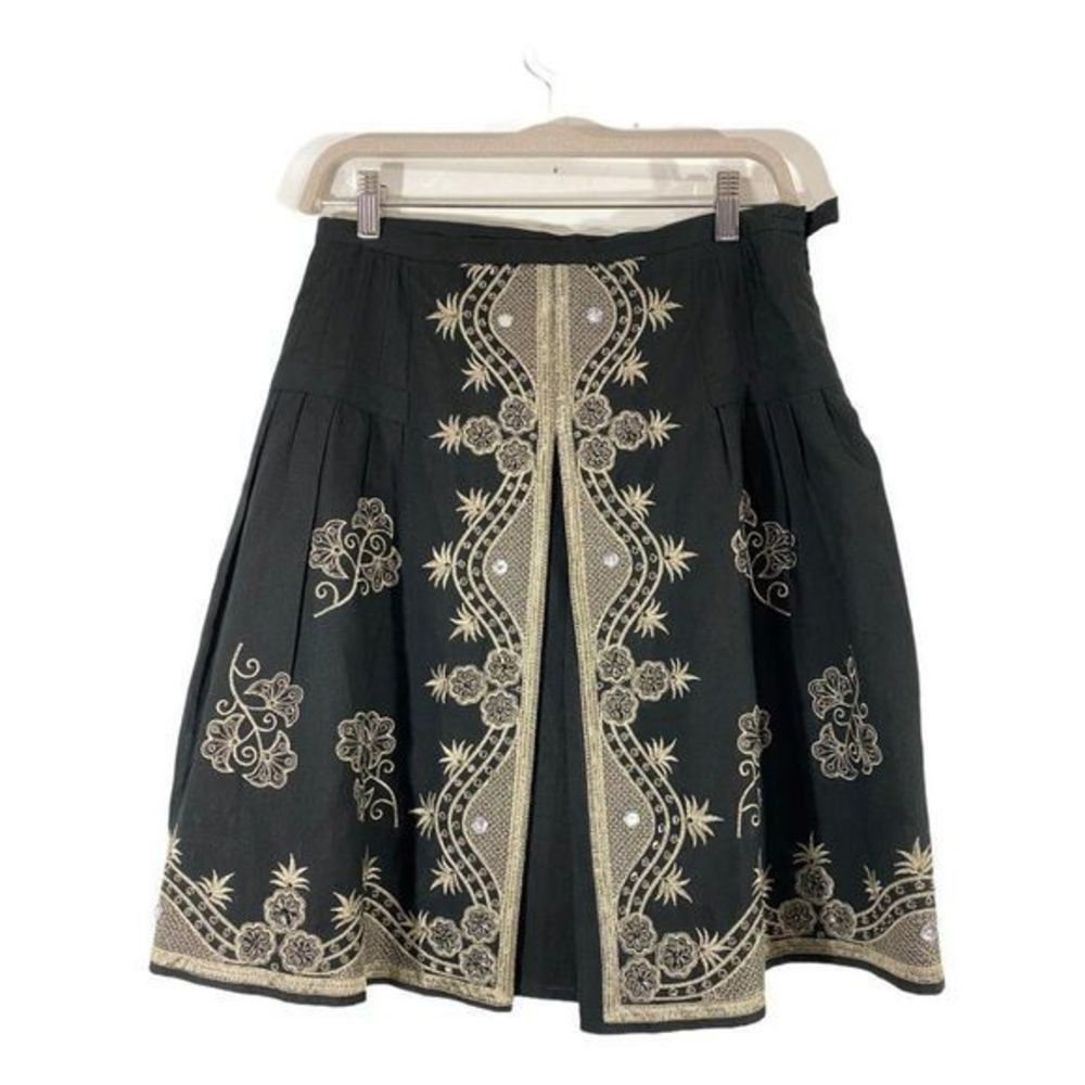 Anne Carson Embroidered Linen Skirt Women 6 Black Gold Excelle